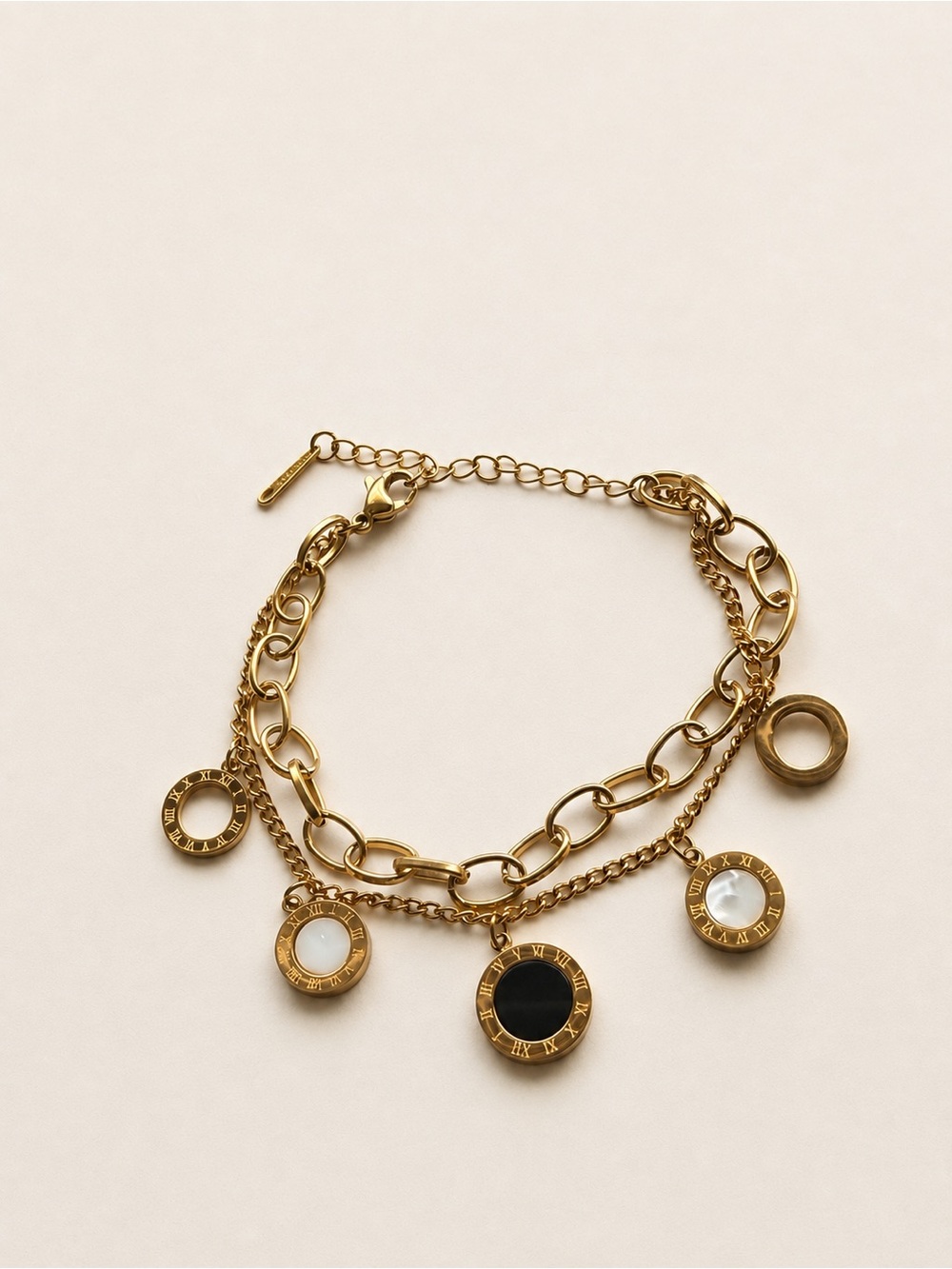 Gold Plated Charm Chain Bracelet with Black and Mother-of-Pearl Discs Adjustable